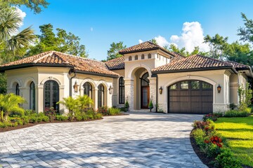 Aufkleber - A modern house with a well-maintained driveway, suitable for real estate or architecture projects