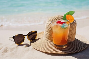 Aufkleber - A person relaxing on a beach with a straw hat, sunglasses, and a drink