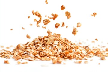 Poster - A pile of granola sitting on a clean white surface, ideal for food or kitchen-related uses