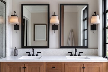 Aufkleber - A modern bathroom with two sinks and two mirrors, suitable for a home or office