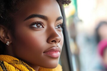 Aufkleber - A woman gazes out of a window wearing a yellow scarf, possibly daydreaming or lost in thought