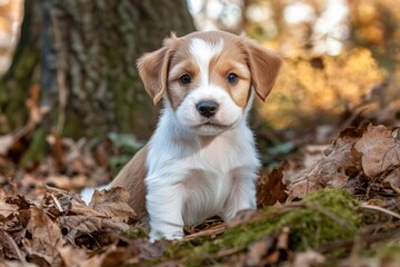 Poster - A small dog sits amidst autumn leaves, looking around