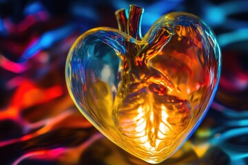 Poster - A glass heart-shaped object sits on a smooth, reflective surface