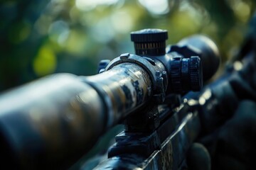 Poster - A close-up view of a rifle scope with a blurred background, suitable for use in outdoor or hunting-themed contexts
