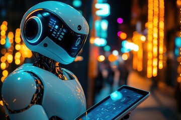 Poster - A robot holding a tablet computer in the city, potential use as a futuristic concept image