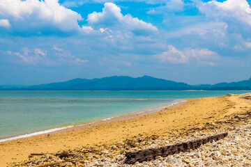 Wall Mural - Pakarang Cape tropical beach sea shore with corals shells Thailand.