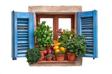 Wall Mural - Potted plants and fruit on a window sill, perfect for a kitchen or home decor image