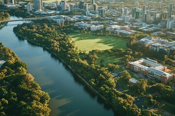 Poster - Aerial view of a city with a river running through it, suitable for use in urban planning or infrastructure projects