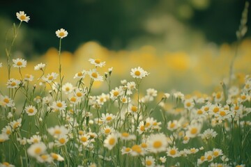 Poster - A lush field filled with bright yellow sunflowers and delicate white daisies, perfect for nature or farm-themed projects