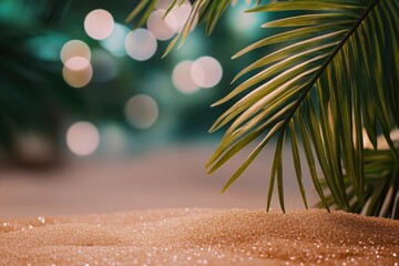 Poster - A close-up shot of a palm leaf sitting on a sandy beach, perfect for use in travel or nature-themed projects