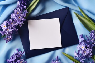 Poster - A blue envelope with a white card and purple flowers, great for business or personal use