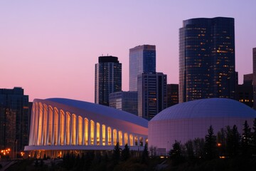 Poster - a view of a city at dusk with skyscrapers in the background, perfect for use in urban-themed project