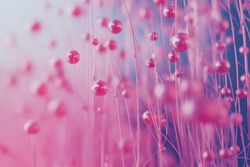 Poster - Delicate pink spheres suspended amidst ethereal wisps create a dreamlike atmosphere in a soft, pastel landscape. Generative AI