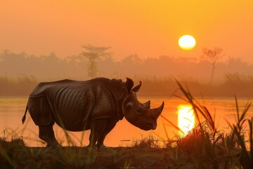 Wall Mural - silhouette of a rhinoceros at sunset, near a calm body of water.
