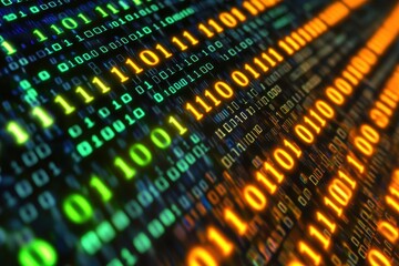 Fototapete - Vibrant streams of green and orange binary code create a captivating visual representing the essence of digital data flow. Generative AI