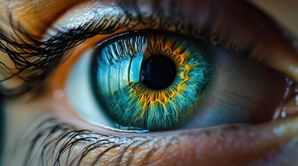 Wall Mural - A detailed view of a human eye with a bright blue iris, ideal for use in medical or aesthetic contexts