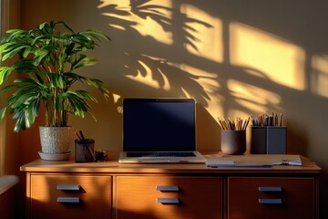 Poster - A laptop computer sitting on a wooden desk