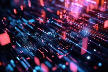 Fototapete - Colorful abstract data stream flows through a digital landscape at night infused with vibrant hues of pink and blue. Generative AI