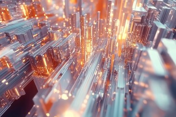 Poster - Vibrant cityscape of digital lights and glowing structures illuminating the night sky in a futuristic landscape. Generative AI