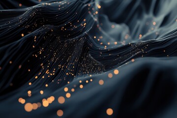 Poster - Glowing particles dance through dark, flowing waves of fabric, creating a mesmerizing visual display of light and texture. Generative AI