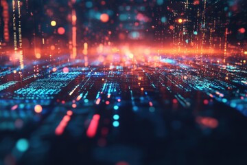 Fototapete - An abstract digital landscape illuminated by vibrant lights and data streams creating a futuristic atmosphere. Generative AI