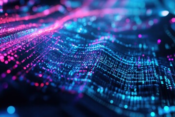 Fototapete - Vibrant display of digital waves illuminating a futuristic landscape of light and color in deep blue and vivid pink. Generative AI