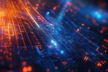 Fototapete - Dynamic interplay of neon lights creating a futuristic digital environment in a vibrant cityscape. Generative AI