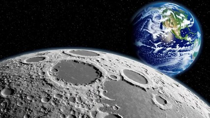 Aufkleber - Majestic planetary rotation revealing earth's luminous sphere emerging against stark lunar landscape, showcasing mesmerizing cosmic dynamics from lunar perspective