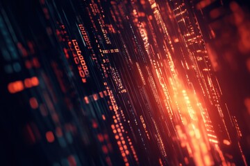 Fototapete - Digital streams of vibrant red and orange light flow through virtual space creating a mesmerizing abstract art. Generative AI