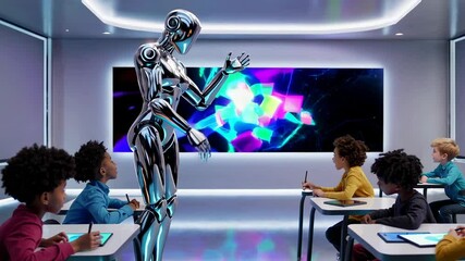 Poster - Slow motion sequence showcasing a humanoid robot teaching diverse students in a futuristic classroom, utilizing an interactive digital display