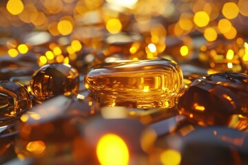 Poster - Bright golden capsules shine among a sea of sparkling amber orbs at twilight. Generative AI