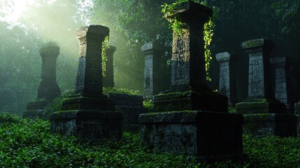 Wall Mural - A graveyard with a few gravestones and a few mossy looking ones