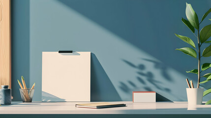Poster - Minimalist workspace featuring a blank canvas, stationery, and a potted plant with soft shadows