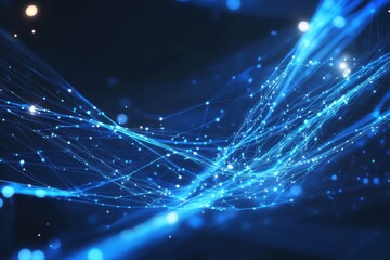 Fototapete - Vibrant blue light trails intertwining in an abstract digital landscape filled with shimmering particles. Generative AI