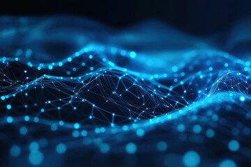 Fototapete - Exploring the depths of digital landscapes illuminated by vibrant blue light and intricate patterns of connectivity. Generative AI