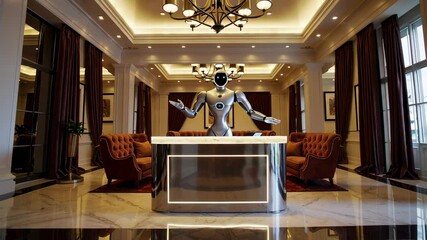 Aufkleber - Elegant robot concierge stands at a sleek, modern desk in a grand hotel lobby, gesturing a welcome to arriving guests, captured in slow motion