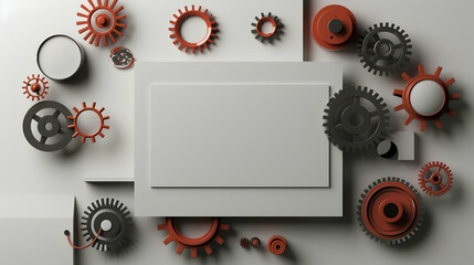 Poster - Abstract composition of gears and shapes in red and gray tones on a minimalist background