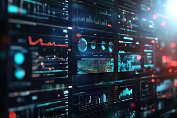 Poster - Vibrant digital dashboard displaying complex data visualizations and analytics at a futuristic technology hub. Generative AI