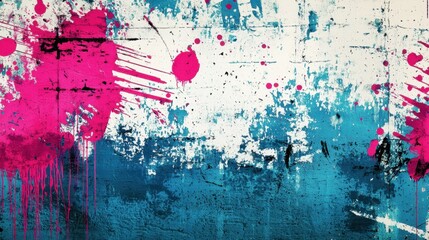 Poster - A wall with splatters of pink and blue paint