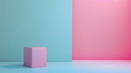 Poster - Minimalist setup featuring a pink cube against a blue and pink background in a studio