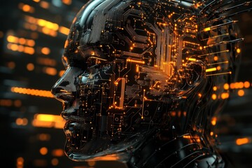 Poster - Exploring the fusion of technology and human identity through a futuristic robotic visage illuminated by glowing circuits. Generative AI