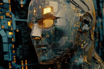 Poster - Futuristic robotic head illuminated by intricate circuit patterns in a dark, high-tech environment. Generative AI