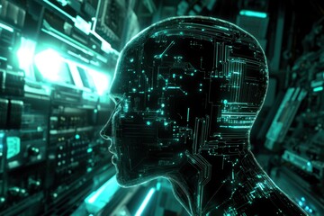 Poster - Futuristic silhouette of a humanoid figure illuminated by neon circuitry against a high-tech background. Generative AI