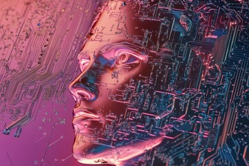 Fototapete - Futuristic fusion of human expression and technology through vibrant circuitry design. Generative AI