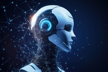 Poster - Futuristic robotic figure showcasing advanced technology amidst a shimmering digital network in a darkened environment. Generative AI