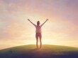 © Suhaidi - Woman standing on a hilltop at sunrise, arms outstretched, embracing the new day