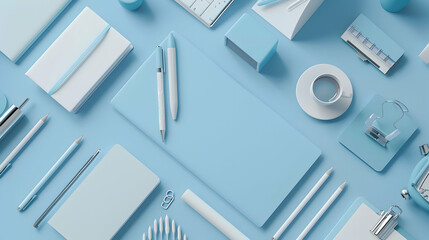 Poster - A serene workspace with blue stationery items arranged neatly on a light blue background, ideal for creative inspiration