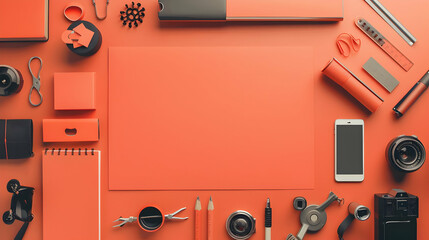 Poster - A vibrant workspace featuring various red stationery and tech items on a flat surface