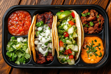 Food in black plastic box, Top view of a black plastic container, high fidelity image for product display and e-commerce use.