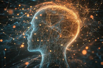 Fototapete - Human-like silhouette with glowing neural connections radiating energy and innovation at the intersection of technology and creativity. Generative AI